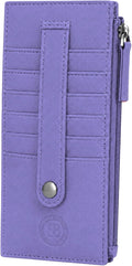 Leatherboss Genuine Leather Women's All in One Credit Business Card Case Holder Slim Zipper Wallet With a Card Protection Strap, Purple