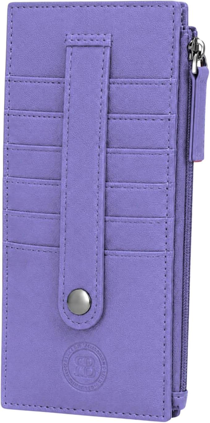 Leatherboss Genuine Leather Women's All in One Credit Business Card Case Holder Slim Zipper Wallet With a Card Protection Strap, Purple