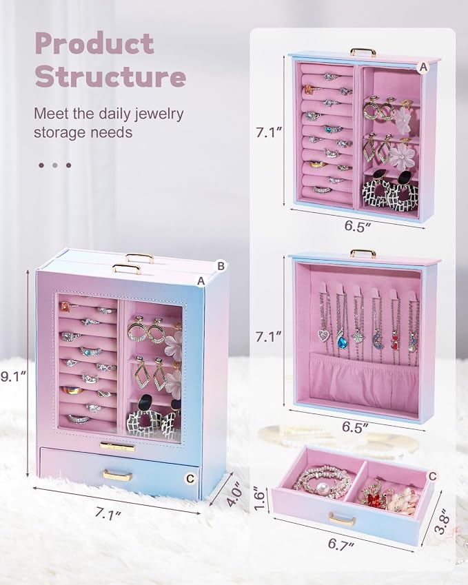 Homde Display Jewelry Box for Girls: Starter Organizer with Clear Window | Vertical Drawers for Earrings Rings Necklaces - Compact Footprint Fits Small Vanities - Birthday&Graduation Gift for Teens