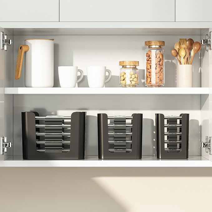 Black 3 Pack Food Container Lid Organizer for Rubbermaid Brilliance | Stackable Lid Holder for Kitchen Cabinet Storage & Pantry Organization, Fits 0.5, 1.3, 3.2, 4.7 Cup Lids, Holds 24 Lids