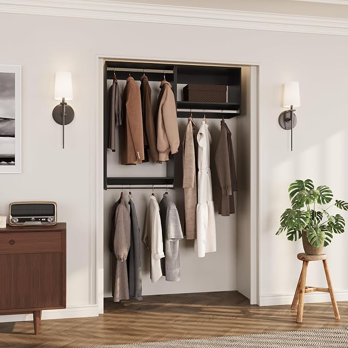ROOMTEC Modular Closet System, 61" Wall-Mounted Closet Organizer with Hanging Rods, Wooden Tower for Walk-In Closets, Wardrobe Storage Kit, Black