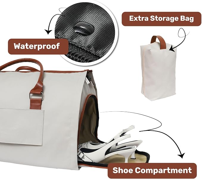 Convertible Garment Duffel Bag for Travel, Large Carry On Weekender Bag with Hanging Clothes Feature, Overnight Travel Duffle Bag for Women with Shoe Compartment (Beige)