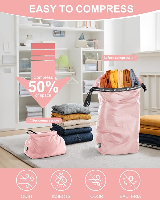 Travel Compression Laundry Bag, Pump-Free Vacuum Space Saver Bag for Dirty Clothes, Reusable Waterproof Wet Dry Bag, Travel Laundry Bag for Luggage, Packing, Suitcase (1 Pcs)（Pink, M)