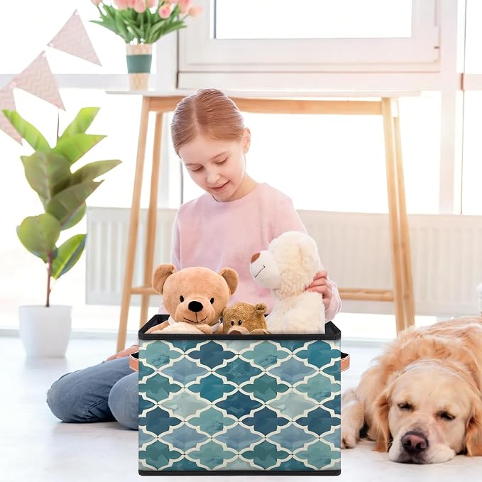 Retro Morocco Tile Closet Storage Bin, Foldable Storage Baskets for Shelves, Decorative Shelf Organizer Geometric Fabric Cube Bin for Living Room Bedroom Home Dorm