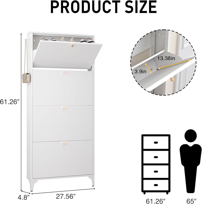 Shoe Cabinet with 4 Flip Drawers-Metal Narrow Shoe Rack for Entryway,Hallway,Living Room-Hidden Metal Shoe Cabinet-Freestanding Shoe (4 Door Width 27.56, White)