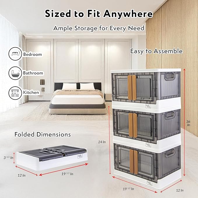 FELICON 8.4 Gallon 1 Pack Stackable Storage Bins with Lids,Doors,Wheels,Collapsible Organizer Foldable Container,Wardrobe Closet for Bedroom Living Room Neat,Dorm,Organized Homes(White)