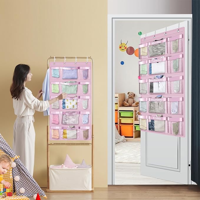 Weekly Hanging Closet Organizer for Kids,Day of Week Kids Clothes Organizer,School Clothing Storage Monday to Friday Hanging Closet Organizer Shelves for Bedroom,Bathroom,Dorm (Pink)