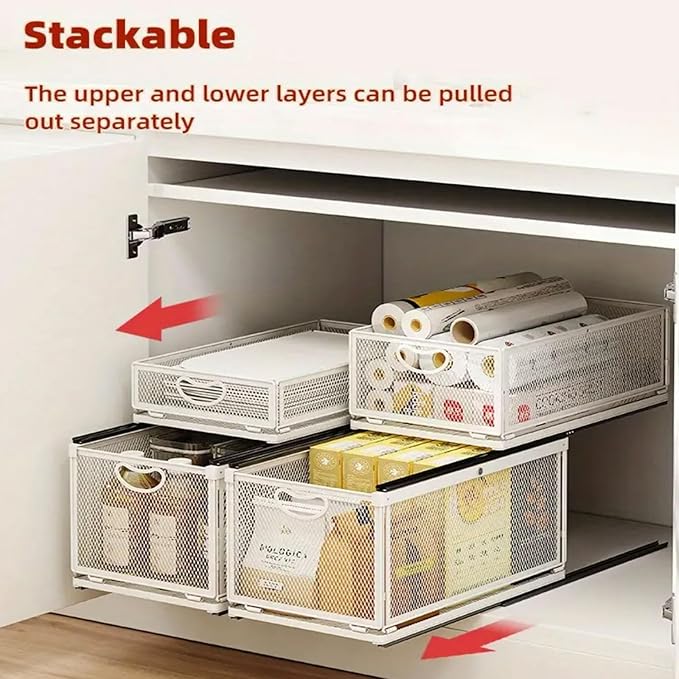 Pull out Cabinet Organizer with Sliding Drawer, 1 Pack Under Sink Organizers and Storage Rack, Adhesive Nano Film Heavy Duty Slide out Pantry Shelves for Kitchen,Sink, 9.6"W x15.7"D x 8.4"H