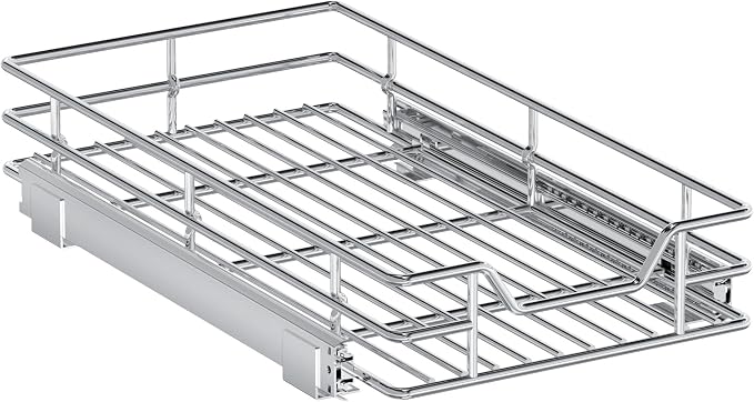 Pull Out Cabinet Organizer, 10.5" W x 18" D, Heavy Duty Chrome Slide Out Shelf for Narrow Base Cabinets, Sliding Wire Basket Drawer for Spices, Bottles, Snacks & Cleaning Supplies