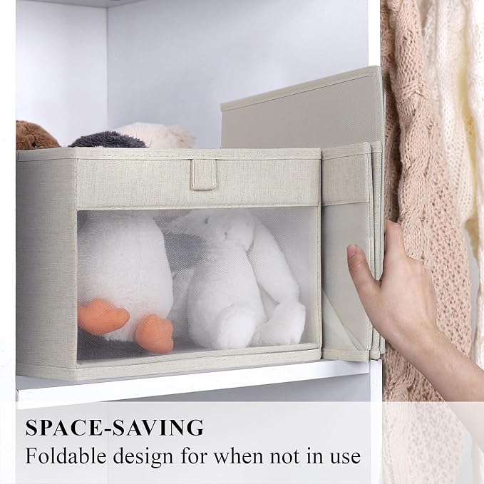 WUIKE Closet Storage Bins with Clear Window, Fabric Organizer Baskets with Handles, Foldable Linen Closet Organizers and Storage for Shelves, Line Beige, 11" L x 11" W x 8" H, 3 Pack