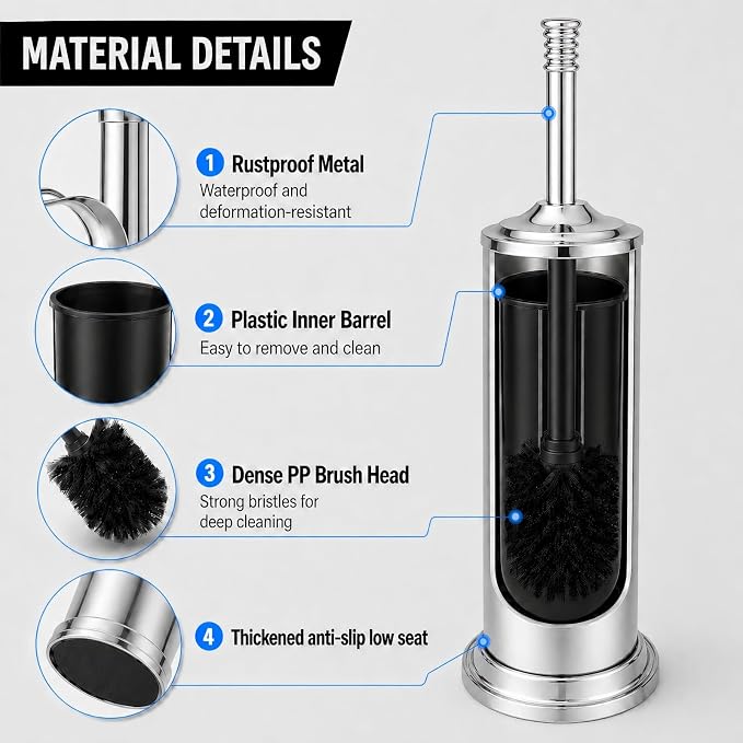 Chrome Toilet Brush and Holder Set，Extra Long Handled Toilet Bowl Brush and Holder，Stainless Steel Heavy Duty Toilet Brush for Bathroom,Deep Cleaning Modern Toilet Cleaner Slip Base
