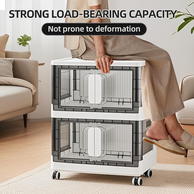 Folding Storage Organizer with Silent casters | Stackable Design for Home & Office, Heavy-Duty Plastic Storage Bin with Clear Door, 3 Sizes (19.5/23.5/27.5in),Black/White (27.6" 4 layer, White)