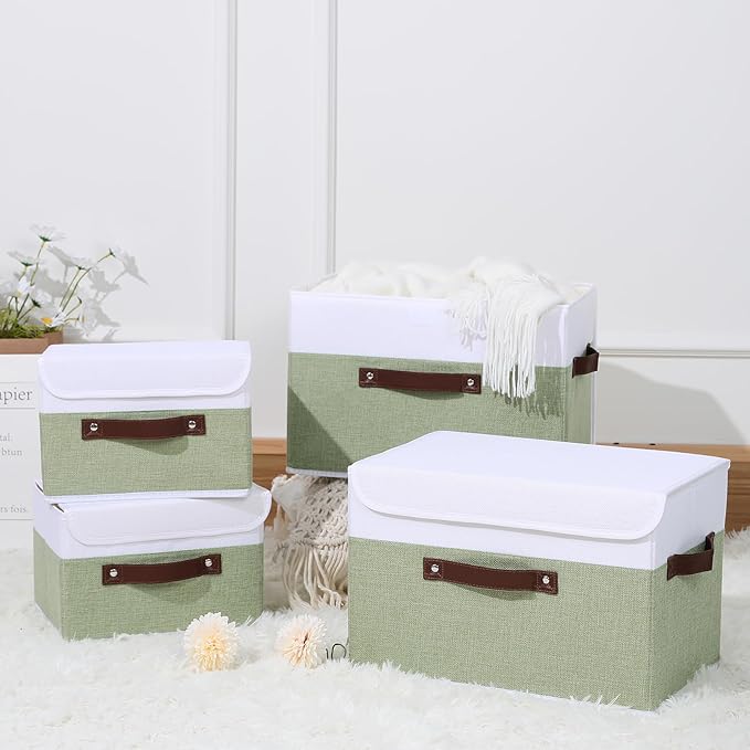 ANMINY Storage Boxes with Lids Washable Decorative Storage Bins Basket with PU Leather Handle Foldable Linen Fabric Storage Cubes Containers for Home Closet Organizer - Green White, Large Size