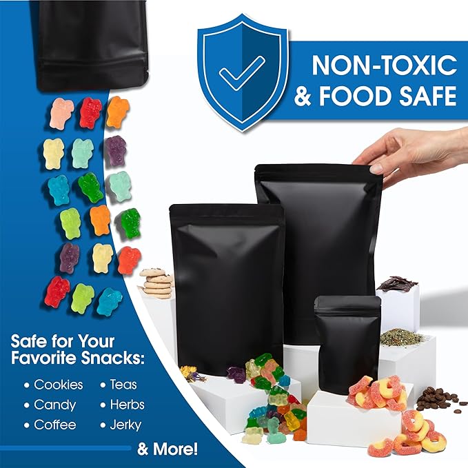 Spartan Industrial 3.5" X 5.5" Matte Black Stand-Up Mylar Bags - 100 Count Small Smell-Proof Bags With Heat Sealable Opening and Resealable Zipper