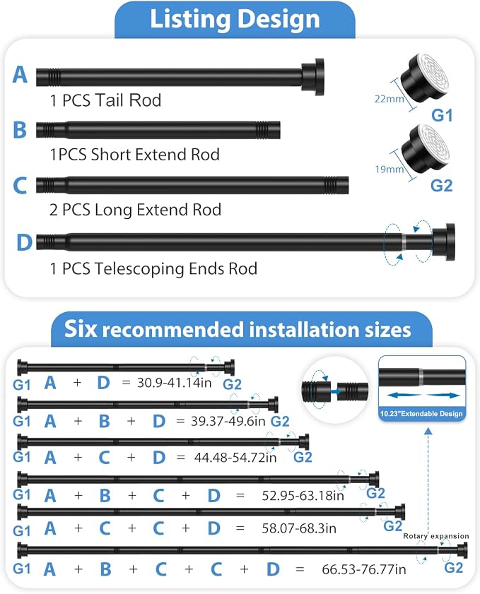 Tension Curtain Rod No Drilling Black Spring Tension Rods for Windows 31 to 76 Inch Adjustable Curtain Rod Expandable Pressure Curtain Rod Spring Curtain Rod for Bathroom,Kitchen,Doorway