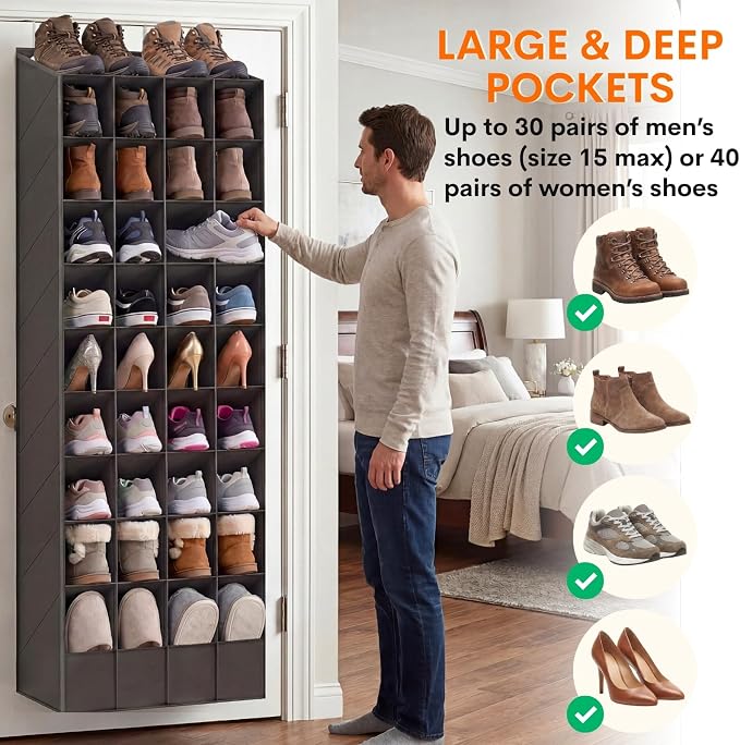 Ofiray-home Over the Door Shoe Organizer, 30-40 Pairs | Large & Deep Pockets, Fits Boots, Sneakers or Larger Shoes, Space-Saving, For Bedroom, Small Closet, Entryway