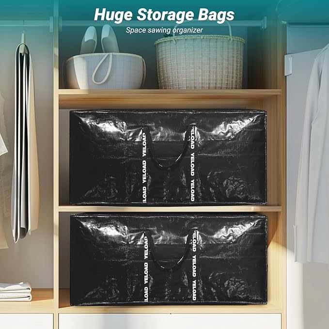 66 Gallon Extra Large Storage Bags 6 Pack – Black XXL Heavy Duty Waterproof Moving Tote Bags for College Dorm, Travel, Clothes & Bedding Foldable Zippered Duffle with Handles