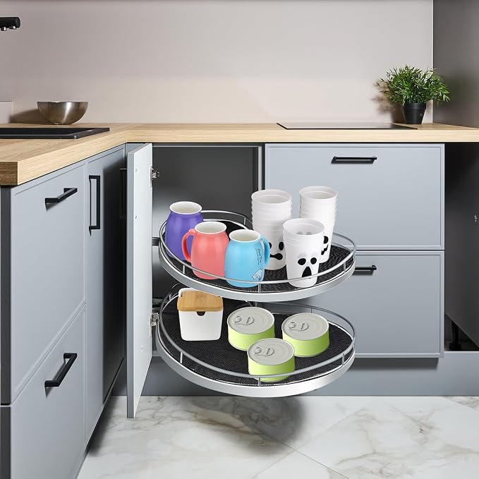 Frienda 2 Pcs Lazy Susan Shelf Liners - Non Adhesive, Non Slip Kitchen Cabinet Liners for Refrigerator, Pantry, Sink & Cupboard Storage(26 Inch,Black)