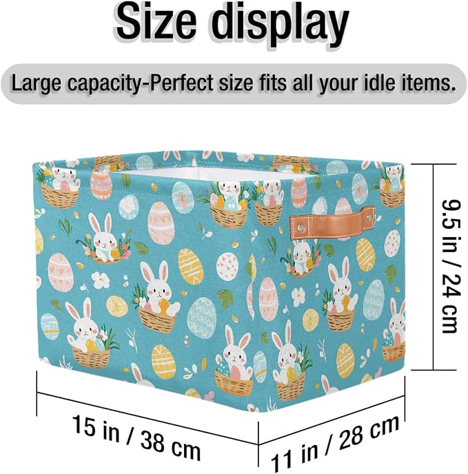 Cube Storage Bins for Shelves, Cute Easter Bunny Basket Egg Print Collapsible Fabric Toys Storage Basket Box with Handles for Home Office Bedroom Closet