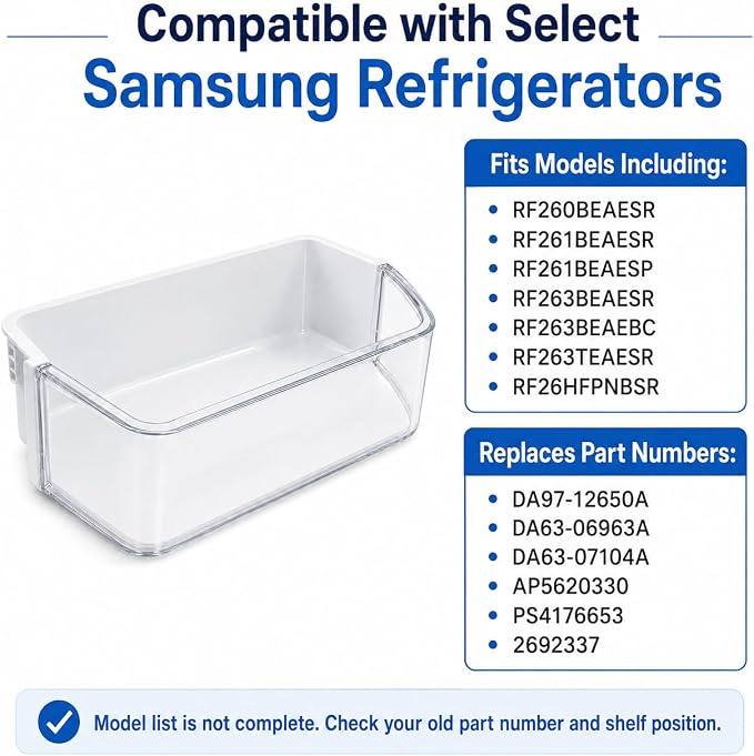 DA97-12650A Refrigerator Door Shelf Bin Compatible with Samsung | Clear Right Door Bin Fits RF260BEAESR, RF261BEAESR & RF261BEAESP, Replaces DA63-06963 DA63-07104A AP5620330 PS4176651