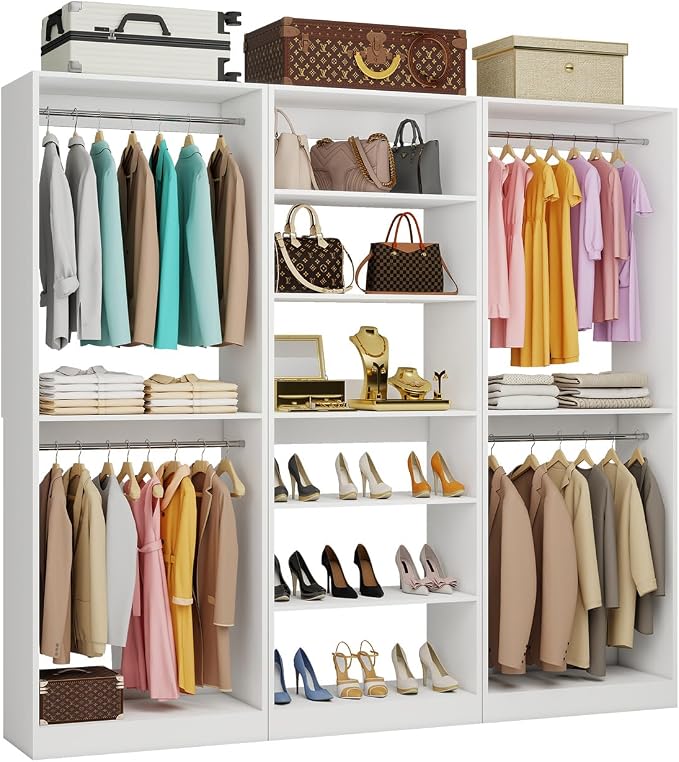 Closet System of 3 Sets, 6FT-15FT Closet Organizer System with 7 Adjustable Hanging Rods& 6 Shelves, Custom Modular Closet Kit, Freestanding Closet Storage System, L-Shaped Walk-in Closet, White