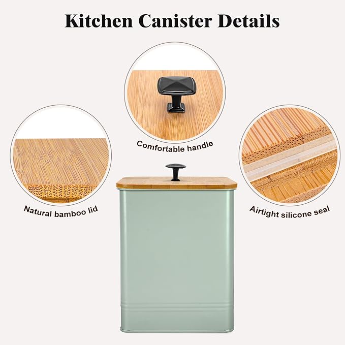 Kitchen Canisters Set of 3, Metal Flour Sugar Storage Containers with Airtight Lids-Canisters Sets for Kitchen with Customizable Chalkboard Labels & Marker Pen-Spice, Coffee Storage Jars(Saga Green)