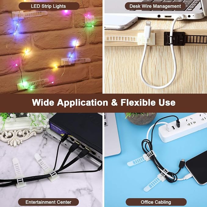 100Pcs Adhesive Cable Management Clips with 50Pcs Zip Ties, Adjustable Nylon Cable Strap Ties Wire Clips Clamps Organizer, Extra Screw & Hole - 3.55 Inch White