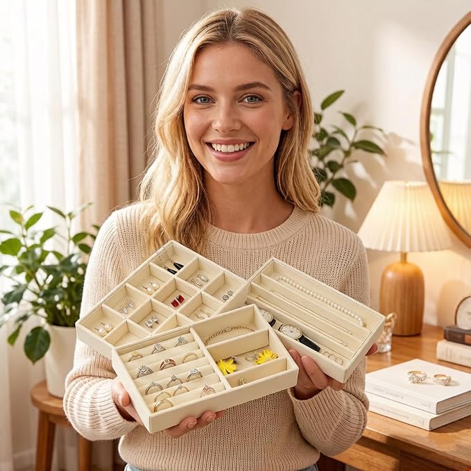 Jewelry Storage Organizer, Stackable Drawer Trays with Removable Dividers, Velvet Jewelry Display Case for Earrings Rings Necklaces Bracelets（3Pack）