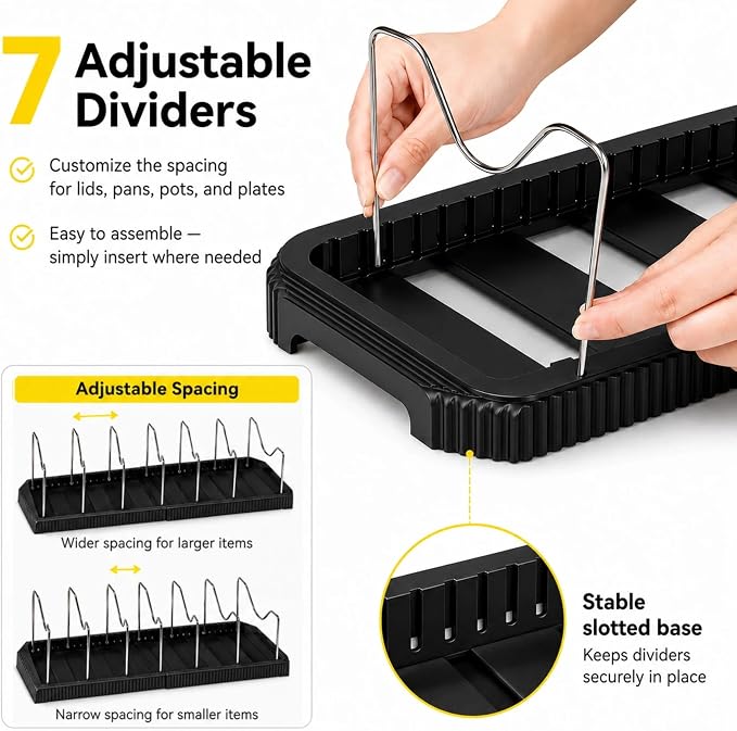 Pots and Pans Organizer Under Cabinet, Adjustable Pot and Pan Organizer Rack, 7 Stainless Steel Dividers, Pot Lid Organizer for Cabinet, Expandable Pan Organizer for Pots, Pans, Lids, Plates Black