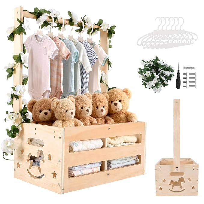 Baby Shower Crate Closet - Wooden Gift Basket with Hangers and Removable Divider, Personalized New Mom Gifts to Welcome Newborn Boys Girls (Natural Wood)