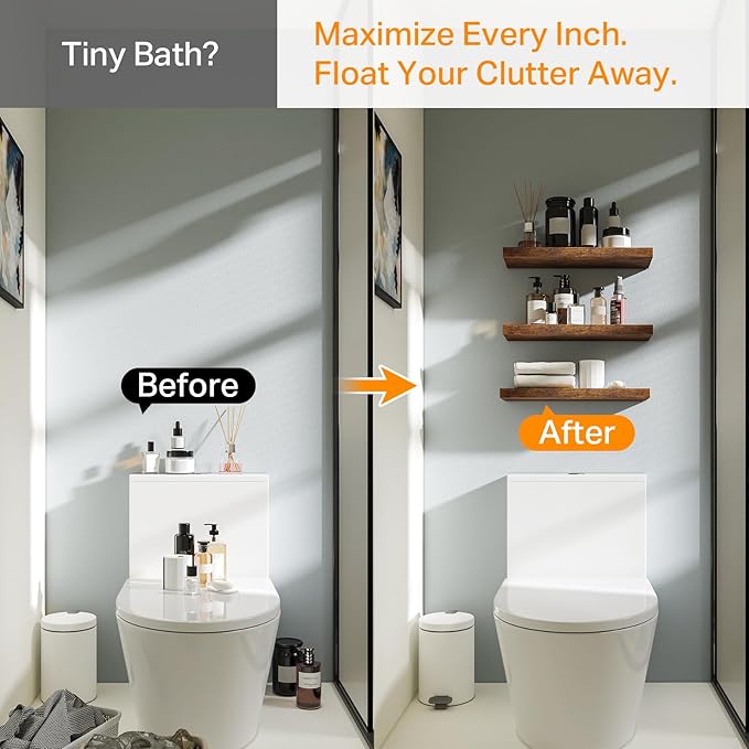 BAYKA Bathroom Floating Shelves for Wall Set of 3 - Rustic Brown Farmhouse Wood Shelves Over Toilet for Bedroom, Kitchen, or Living Room Decor Display, Storage for Plants, Toilet Paper or Bath Towels