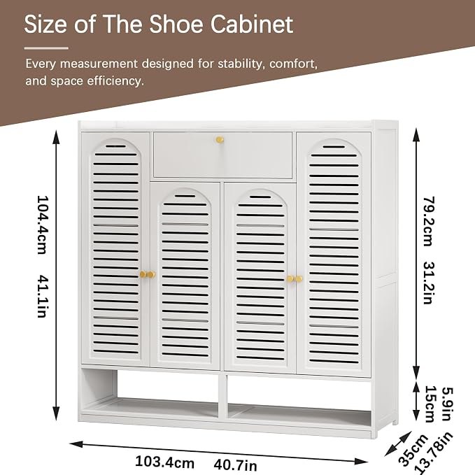 Shoe Cabinet with Louvered Doors, Freestanding Entryway Shoe Storage Cabinet with Drawer & Open Compartment, Modern Bamboo Shoe Rack Organizer with Thickened Adjustable Shelves for Closet