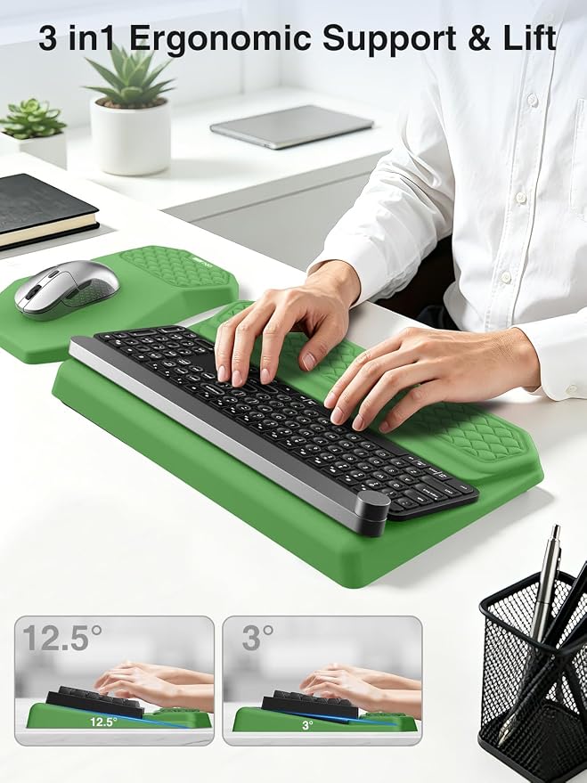 Ergonomic Wrist Rest with Keyboard Stand and Mouse Pad for Easy Typing | Keyboard Holder with Storage Slot, Mousepad for Carpal Tunnel Pain Relief with Massage Bulge and Slow Rebound Memory Foam