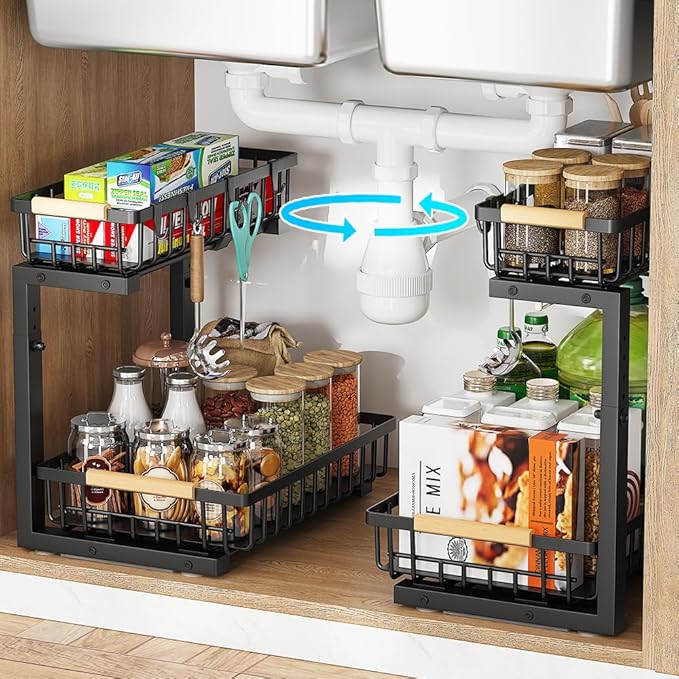 Under Sink Organizer, 2 Tier Metal Under Sink Organizers and Storage, Height Adjustable Slide out Pull out Cabinet Organizer for Kitchen Bathroom