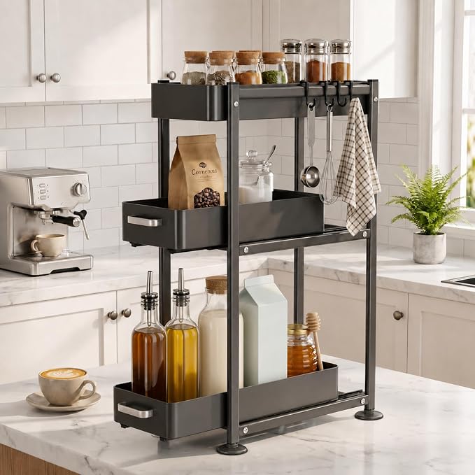 3-Tier Countertop Organizer, Pull Out Spice Rack, Transforming a Cramped, Unusable Space Into a Storage Area, With Suction Cup Feet and 4 Hooks, For Tall Bottles, Condiments and Spices