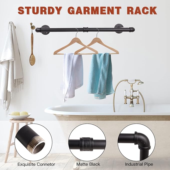Wall Mounted Clothes Rack - 36" Industrial Pipe Clothing Garment Rack, Space - Saving Heavy Duty Detachable Black Iron Clothes Organizer, Multi-Purpose Hanging Rod for Closet Storage, 2 Base
