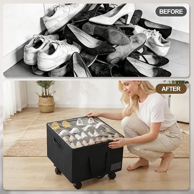 Large Shoe Organizer for Closet, 16 Pairs Shoe Storage Box with 360° Wheels & Reinforced Handles, Adjustable Dividers, Clear Cover, Side Pocket, Foldable Oxford Fabric Bin for Entryway, Black