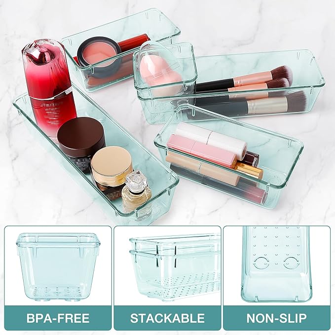 StorMiracle 10 PCS Drawer Organizer Set, 4 Varied Size Bathroom and kitchen Drawer cabinet organizer Trays, Clear Storage Bins for Makeup, Jewelry, Utensils and Gadgets