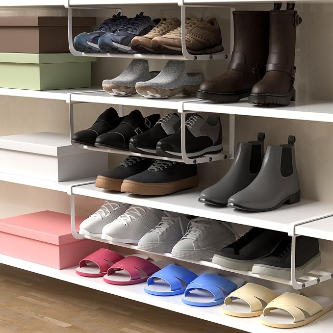 CroBlissful 3 Pcs Expandable Shoe Rack Organizer for Closet 16.5-31.5 Inch Adjustable Retractable Hanging Cabinet Shoe Shelf Dorm Room Storage for Space Saving (White)