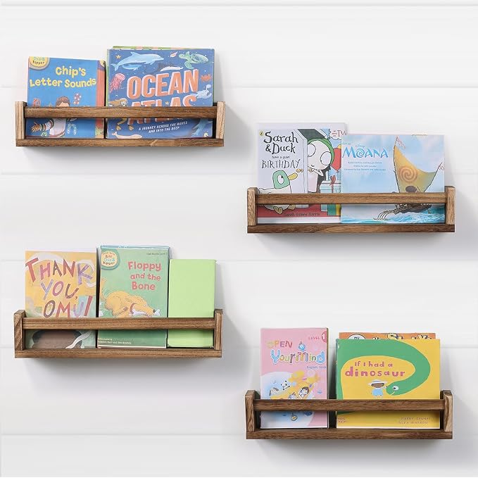 Nursery Room Shelves Set of 4, Wood Floating Book Shelves for Kids Room, Baby Book Shelf for Nursery, Kitchen Spice Rack (Carbonized)