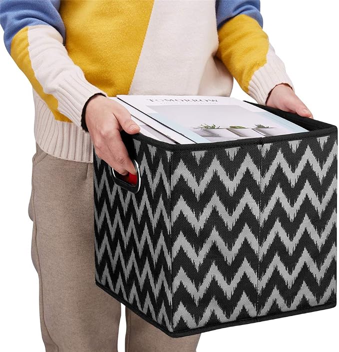 Collapsible Hard Cloth Cubes Storages Organizer Bins Chevron Storage Inserts Cubes Folding Fabric Storage Cubes Boxes 10.5x10.5 X 11 In Black Storage Baskets Drawer Organizer Closet Storage QY-SC10-3