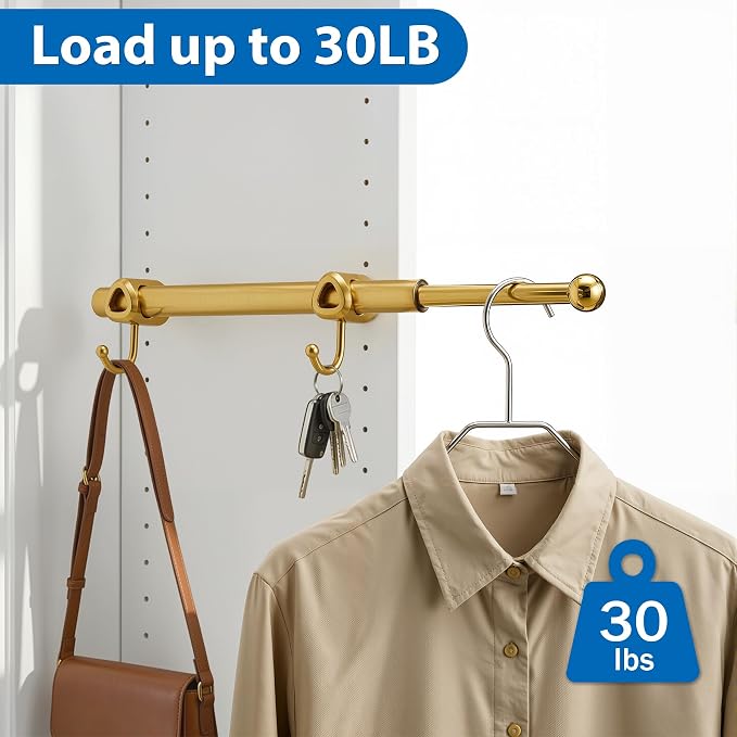 Valet Rod for Closet Pull Out with Hooks, Easy To Install (Brushed Gold, 12 Inch)