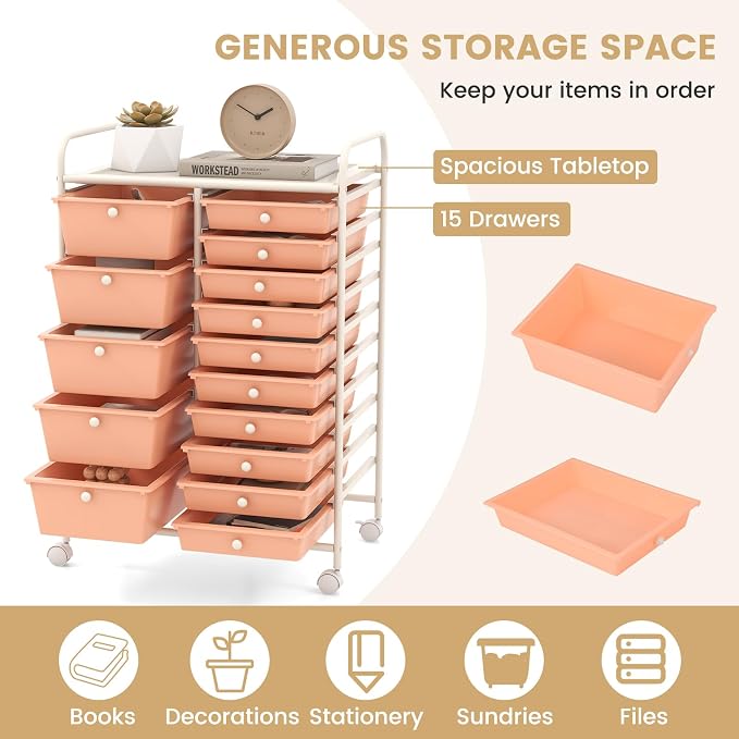 Moccha 15-Drawer Rolling Storage Cart - Under Desk Storage Drawers with wheels for Craft Art Supply Paper Salon, Scrapbook Paper Tools, Mobile Utility Cart for Classroom (15 Drawers, Peach)