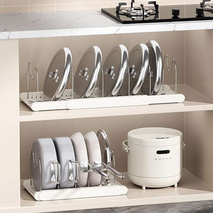 Pot Rack : Pots and Pans Organizer Under Cabinet 7 Adjustable Compartment Expandable Pot Lid Holder for Kitchen Cookware, Bakeware, Lid, Dishes, Cutting Boards,Apricot