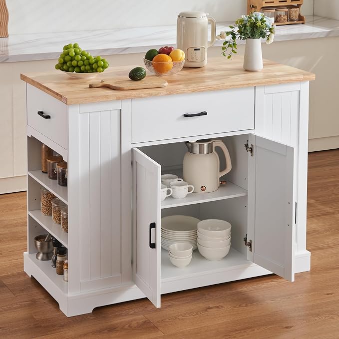 VEVOR 46" Wood Top Breakfast Bar with Storage Cabinet, Farmhouse Kitchen Table with Adjustable Shelf, Drawer, for Dining Kitchen Living Room, White