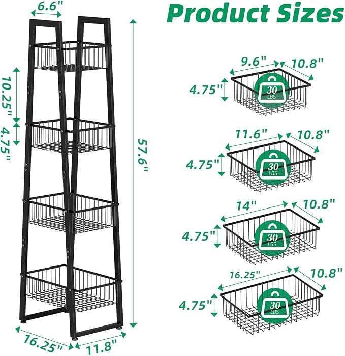 Simple Trending 4 Tier Wire Market Basket Standw, Fruit Basket Storage Stand for Vegetables, Bread, Onions, Potatoes, Black