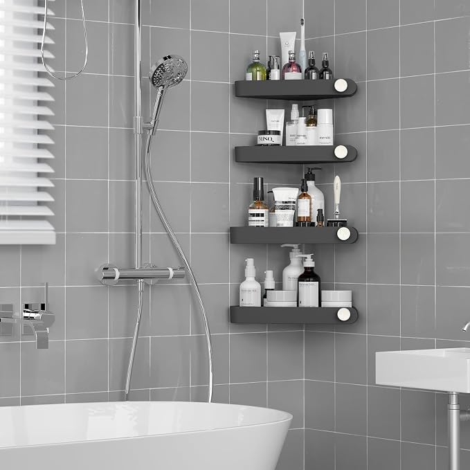 Sotfamily Plastic Shower Caddy Corner (for 90° Only), 4 Pack, Black | Adhesive Corner Shower Shelves for Smooth Wall Bathroom Organizers and Storage, Bathroom Decor