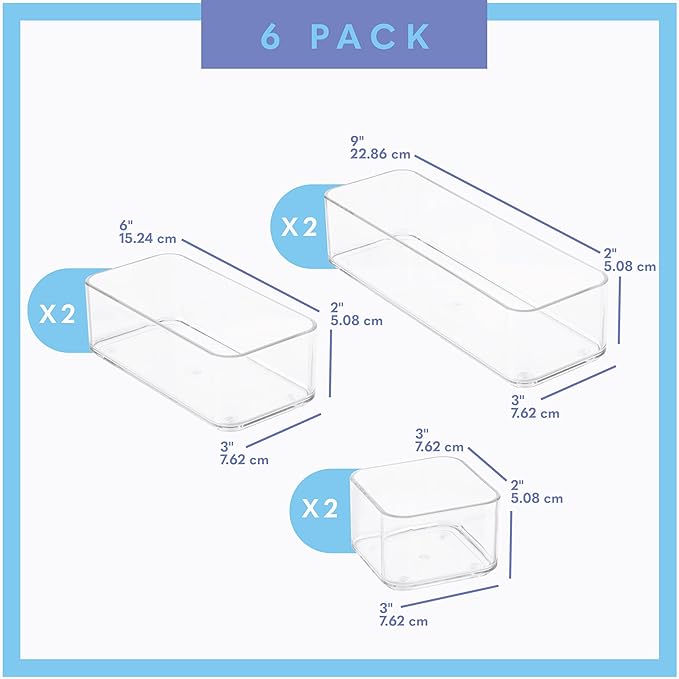 primebox Six Pieces - Clear Plastic Drawer Organizer Bins - Stackable, Non-Slip, 3 Sizes