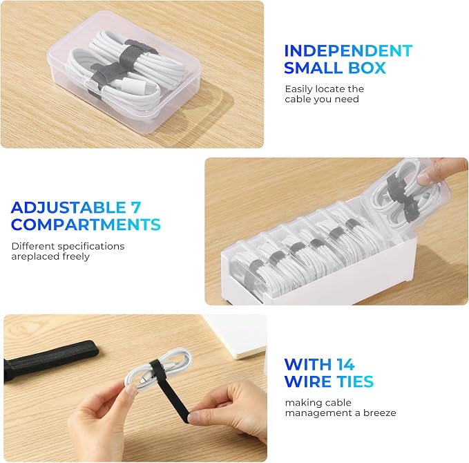 2 Pack Cable Organizer Box with 14 Clear Switch Case, Cable Straps and Label Stickers, Travel Cord Organizer for Charging Cables, USB Wires, Earphones – Drawer Organization for Home & Office