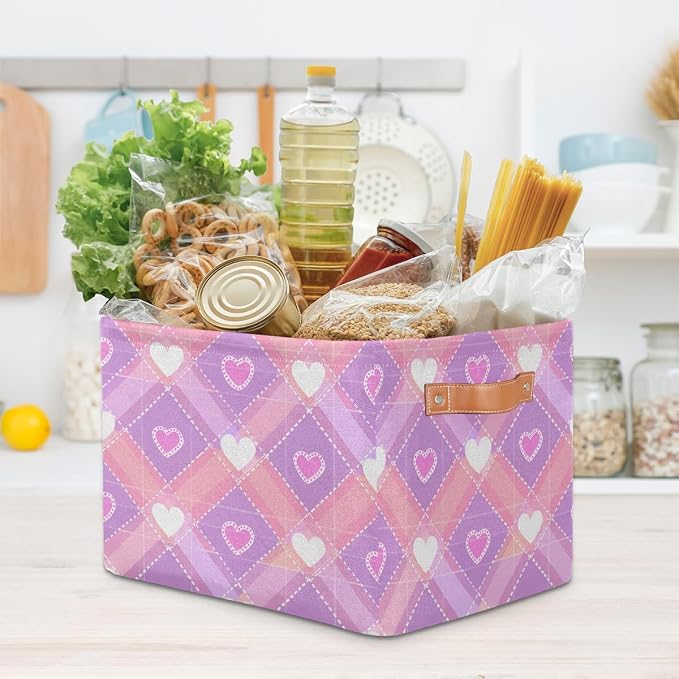Rectangular Storage Baskets Pink Heart Diamond Fabric Storage Bin Toy Organizer Box with PU Leather Handles for Room Decor